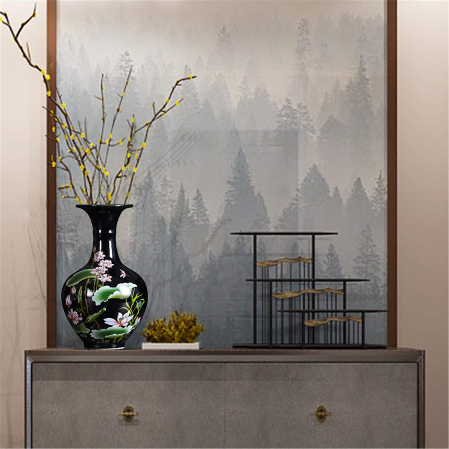 Meightai 9.45'' China Style Decorative Vase, Classic Ceramic Vases for Art Home Decoration, Chinese Retro Porcelain Ceramic Vase with Base, Beauty Lotus Flower Painting, Black