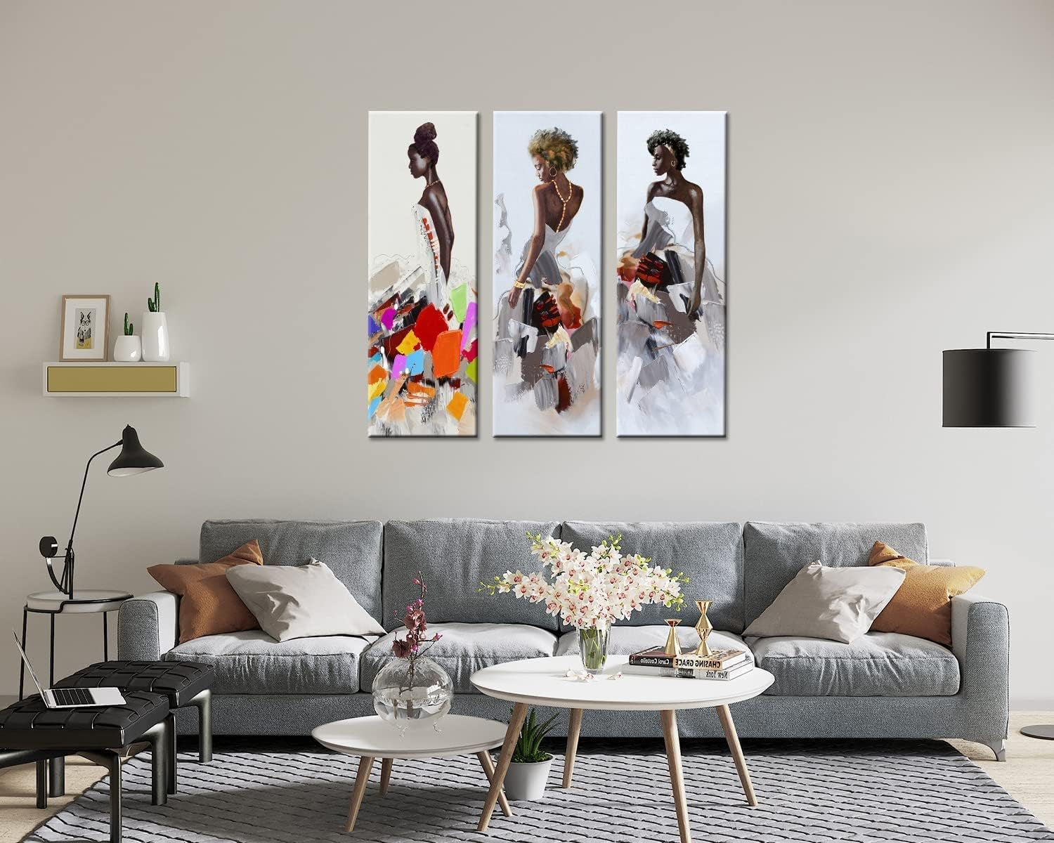 Art Framed African American Black Art Dancing Black Women in Dress Wall Art Painting on Canvas Pirnt Wall Picture for Home Accent Living Room Wall Decor (8 X 24 Inch, SET of ABC)…