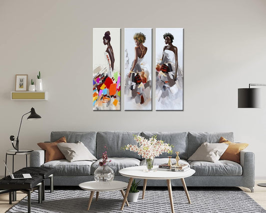 Art Framed African American Black Art Dancing Black Women in Dress Wall Art Painting on Canvas Pirnt Wall Picture for Home Accent Living Room Wall Decor (8 X 24 Inch, SET of ABC)…