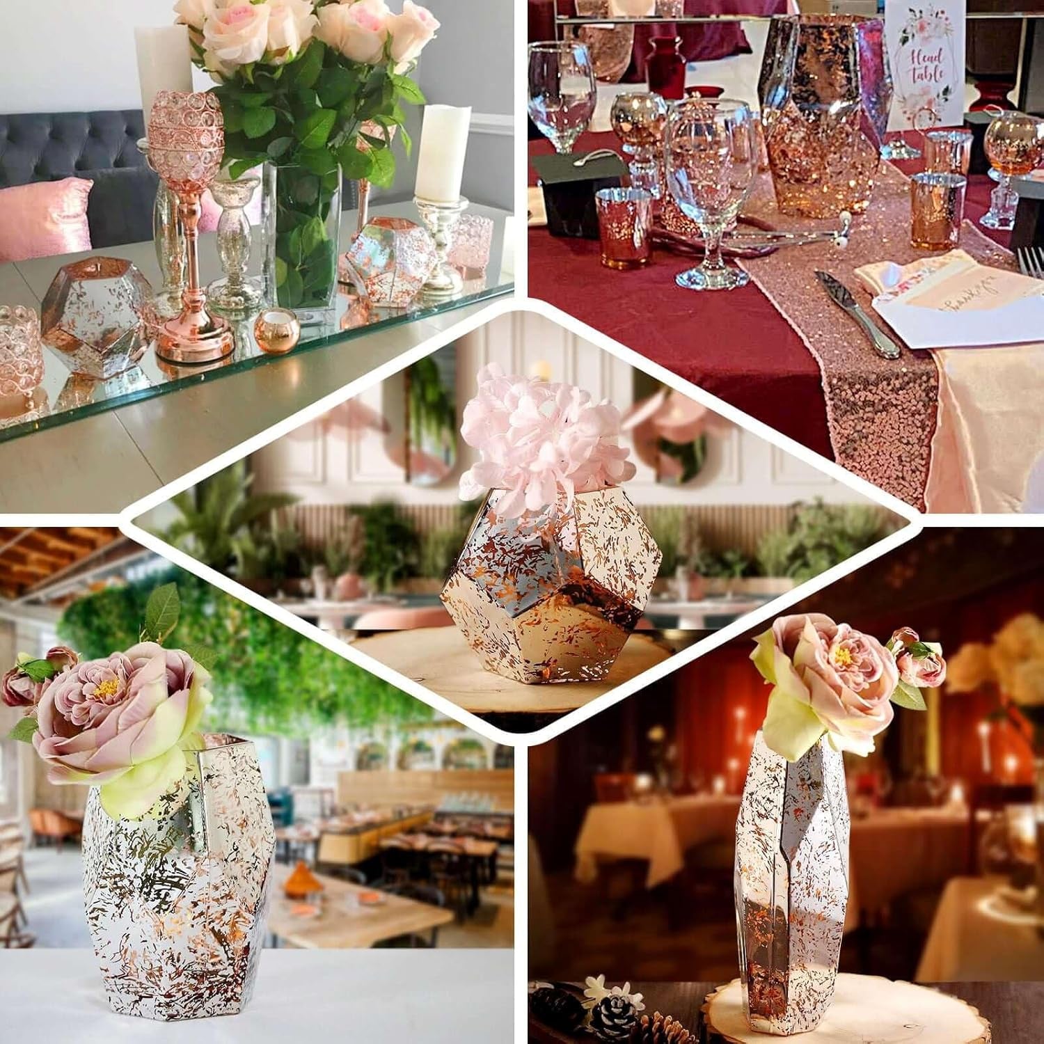 2 Pack 8" Pentagon Geometric Vases Mercury Glass Candle Holders - Silver | Rose Gold