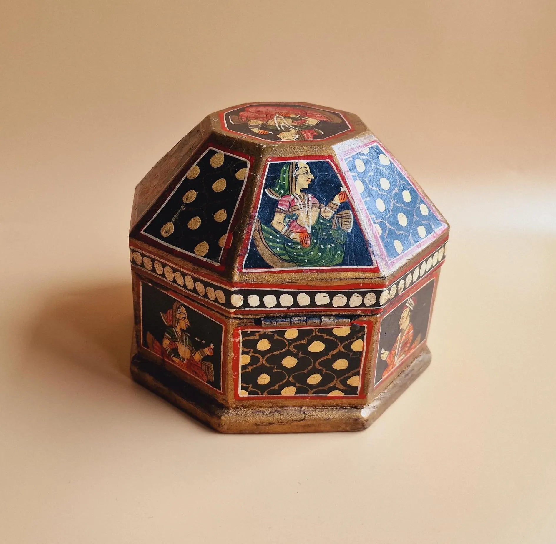 Vintage Indian Octagonal Wooden Box, Antique Mughal Wood Turban Marriage Box