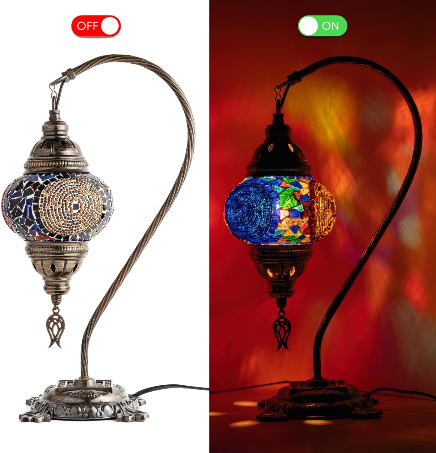 Handmade Turkish Moroccan Mosaic Lamp – Stunning Glass Swan Neck Design with Antique Brass Base, Perfect for Bedroom, Office, and Living Room – Includes Bulb (Red & Navy Central Circles)