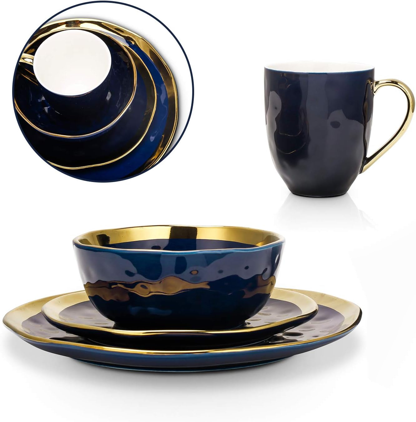 Porcelain 16 Piece Dinnerware Set, Service for 4, Blue and Golden Rim, Dark Blue
