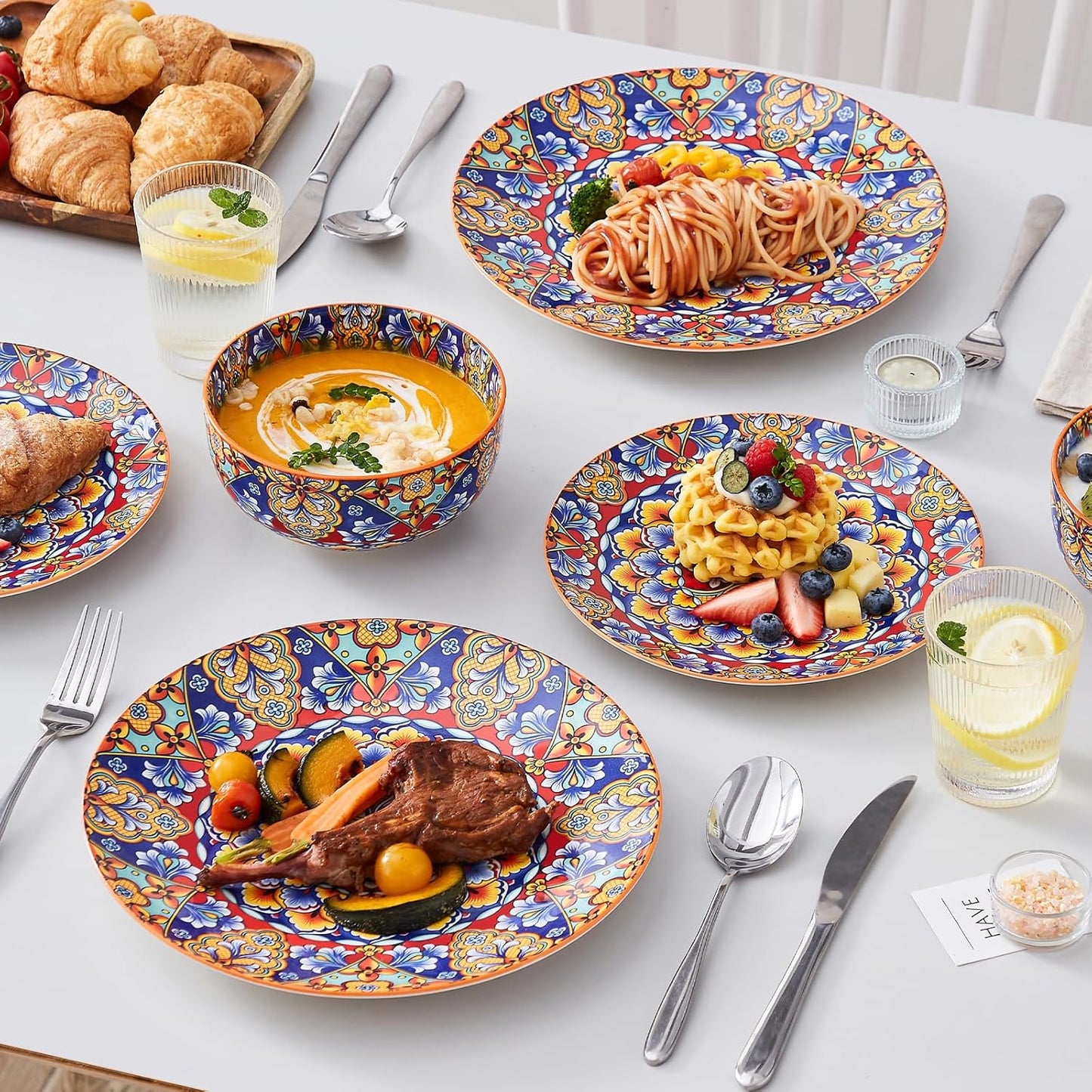 12 Pieces Dinnerware Sets, Orange Plates and Bowls Set, Porcelain Dishes Set for 4, Microwave and Dishwasher Safe, Scratch Resistant, Bohemian Style Dining Ware Service for 4, Series SIMI