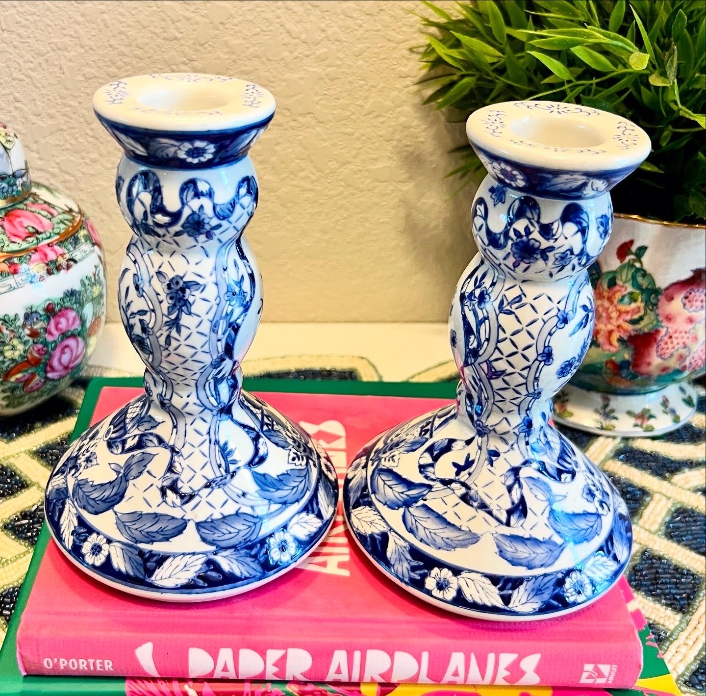 Vintage Chinese Porcelain Embossed Blue & White Candle Holders, 6.75”