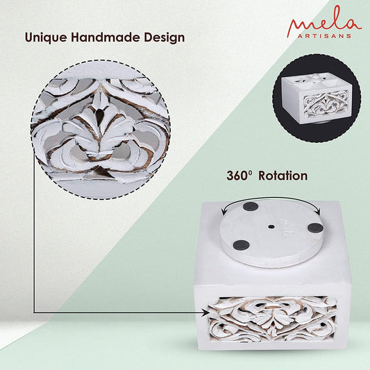 Spinning Wooden Pen Holder - Ellora, Shabby White | Pencil Cups for Desktop Organization | Rustic Farmhouse Decor | Elegant Office Desk Accessories | 4 Storage Compartments