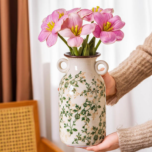 Charming Vintage Green and Beige Ceramic Vase with Handles – Rustic Farmhouse Home Decor for Living Room, Kitchen, and Bedroom – 9.1 Inch Floral Accent Piece