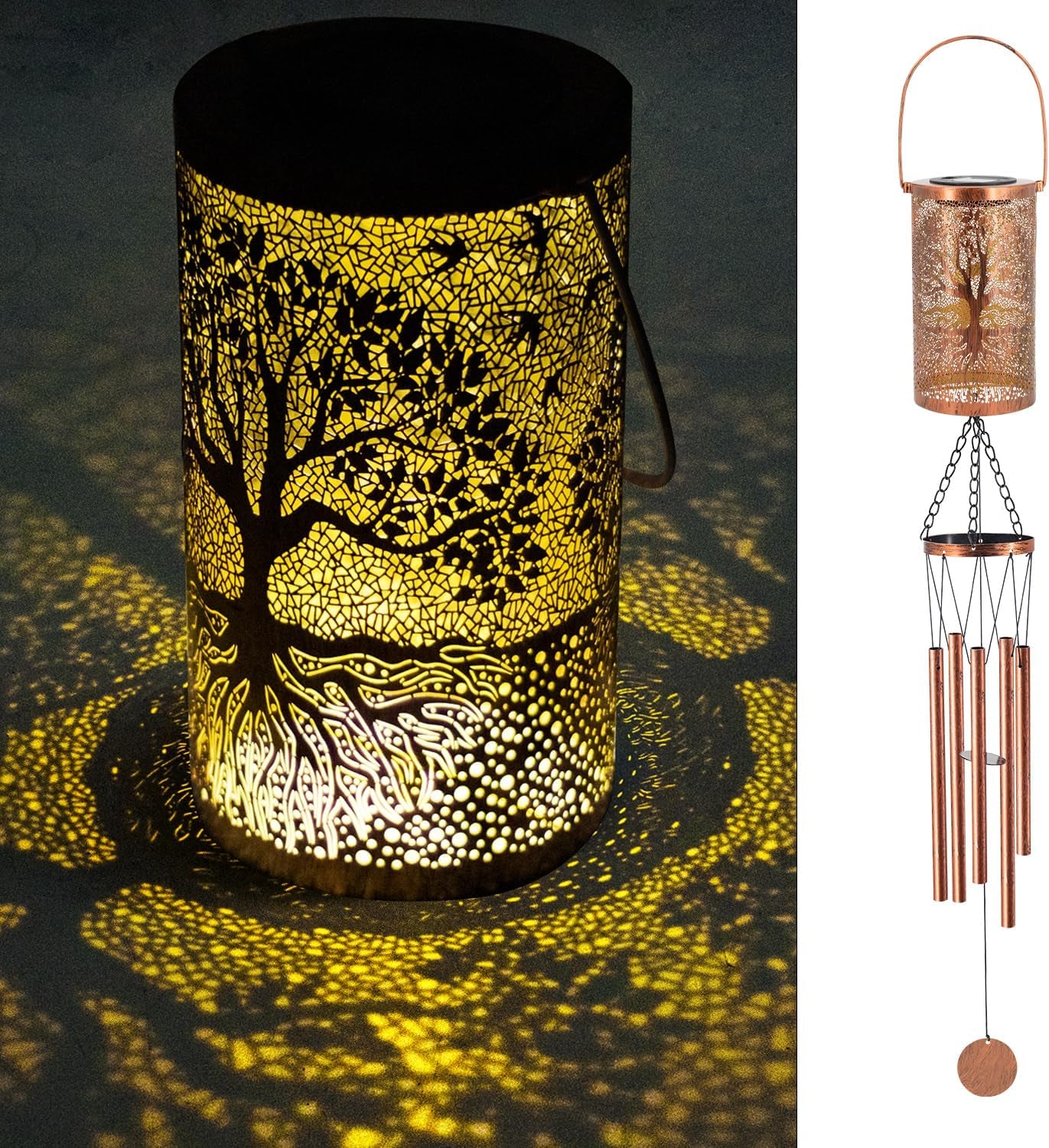 36" Solar Wind Chimes Hanging Lights Outdoor Detachable Led Lantern Metal Wind Chimes for outside Unique Tree Life Garden Hanging Solar Decorative as Gift for Mom Women Grandma (Bronze)