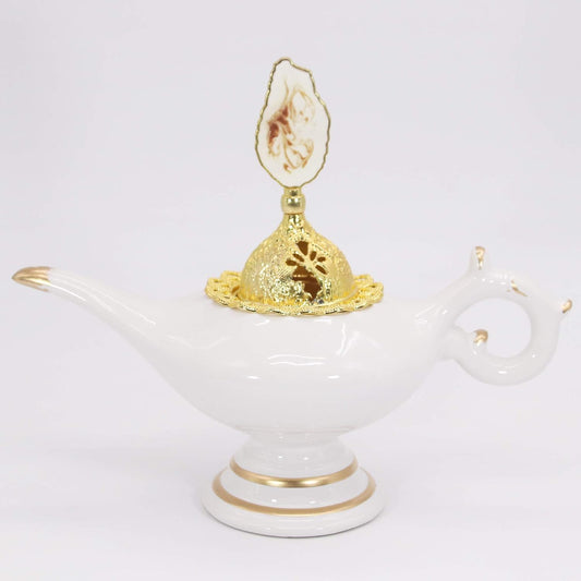 Saazeedeer Lamp Design Charcoal Incense Burner Holder, Green Ceramic Frankincense Incense Burner with Gold Lid (White)