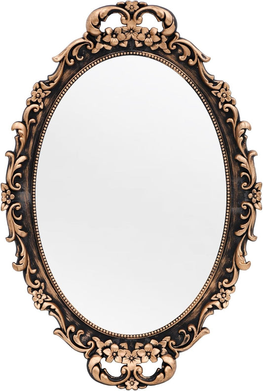 Vintage Decorative Gold Framed Mirror, Wall Hanging Mirrors & Tabletop Tray for Bedroom Living Room Dresser Decor, Oval- 9.6" W X 14.3" L (Bronze)