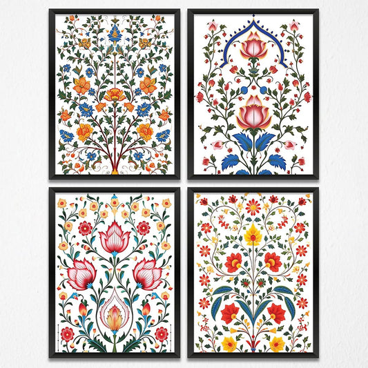 4PCS Indian Folk Flowers Wall Art Prints Artwork Paintings for Home Farmhouse Office Bathroom Gallery Bedroom Wall Decor (8X10 Inch,Unframed), Vintage Indian Painting for Women Girls Room Decor
