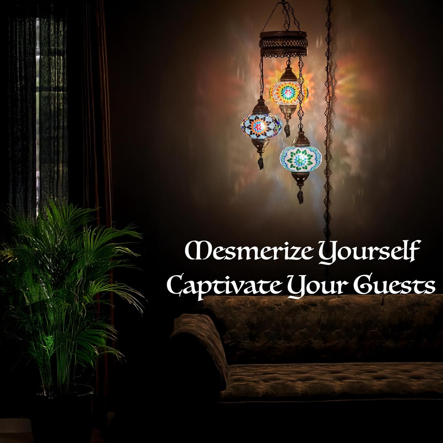 3-Large 7'' Globes Turkish Moroccan Mosaic Plug-In Chandelier - Handmade Pendant Light Fixture with 15-Ft Cord & Chain, Decorative Bohemian Hanging Ceiling Lamp for Living Room, Bedroom, 3.5 Ft