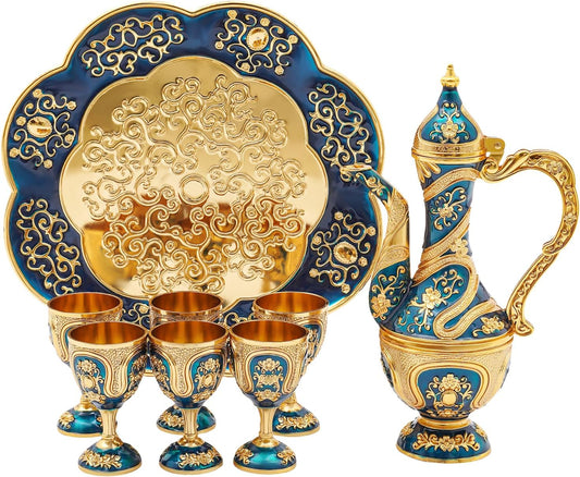 Turkish Tea Set, Vintage Turkish Coffee Cups Set with Pot and 6 Cups,Turkish Tea Glasses for Home Decor Birthday Christmas Housewarming Wedding  (Blue, Gold)
