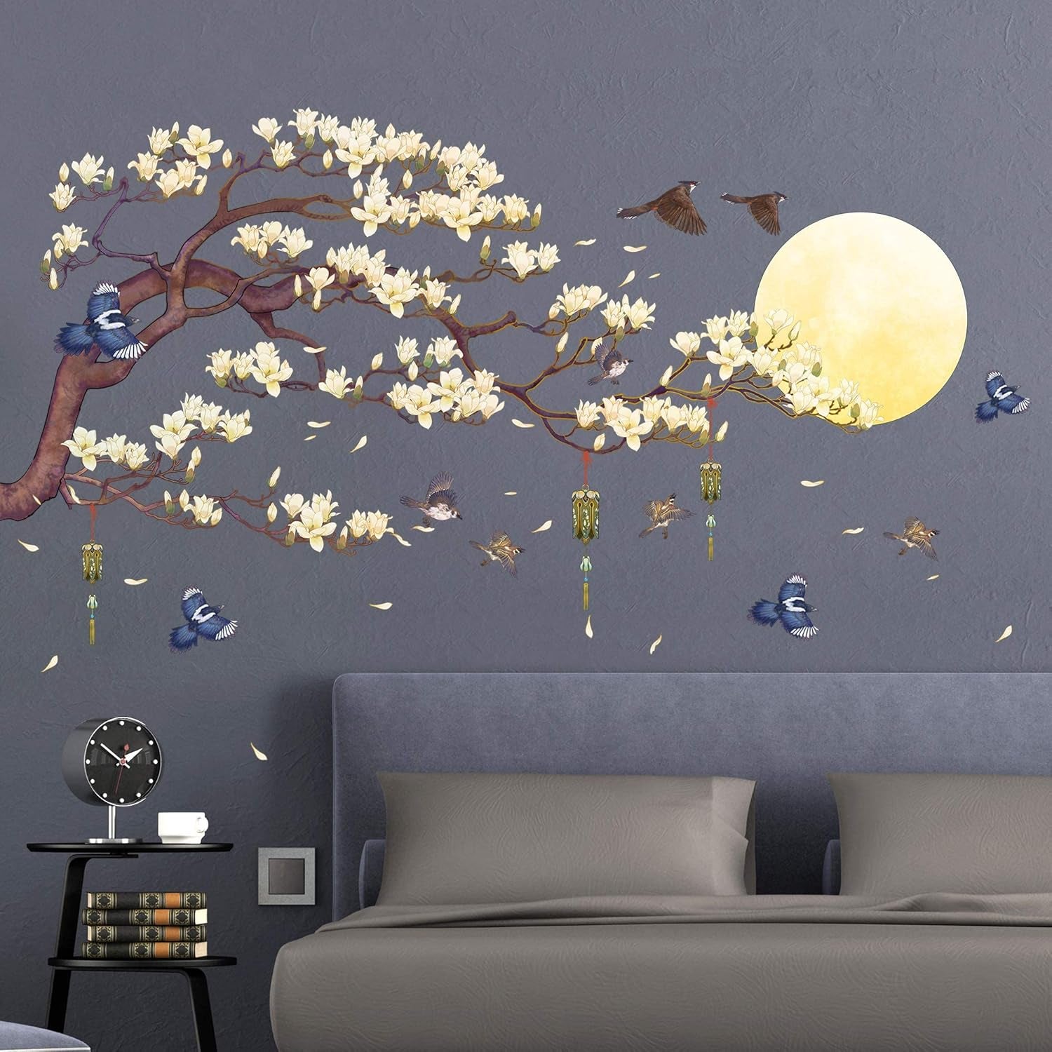 RW-1005 White Magnolia Tree Branch Flying Birds Wall Stickers Peel and Stick 3D DIY Moon Wall Decals Removable Wind Chimes Art Wall Murals for Kids Offices Home Walls Bedroom Decaoration