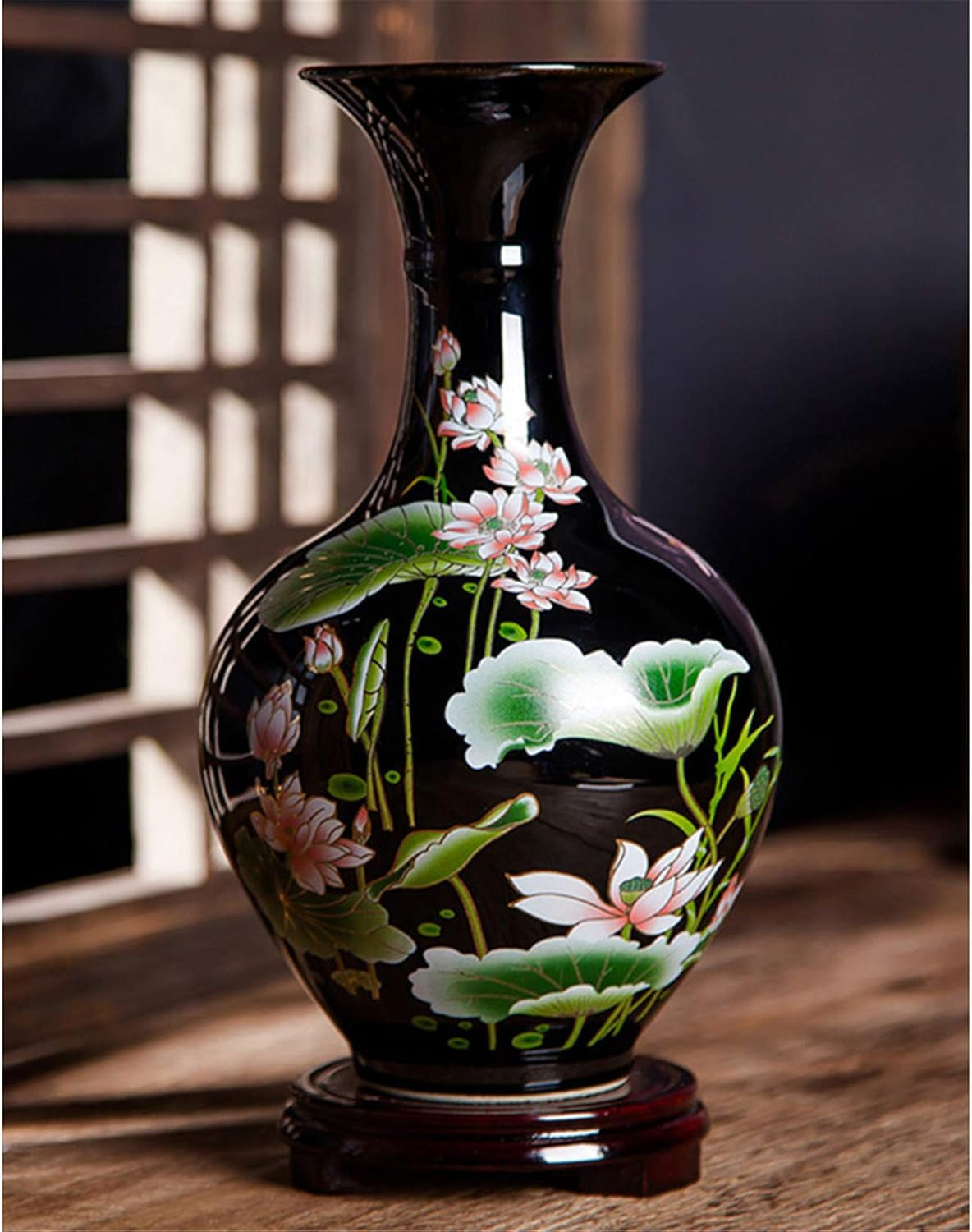 Meightai 9.45'' China Style Decorative Vase, Classic Ceramic Vases for Art Home Decoration, Chinese Retro Porcelain Ceramic Vase with Base, Beauty Lotus Flower Painting, Black