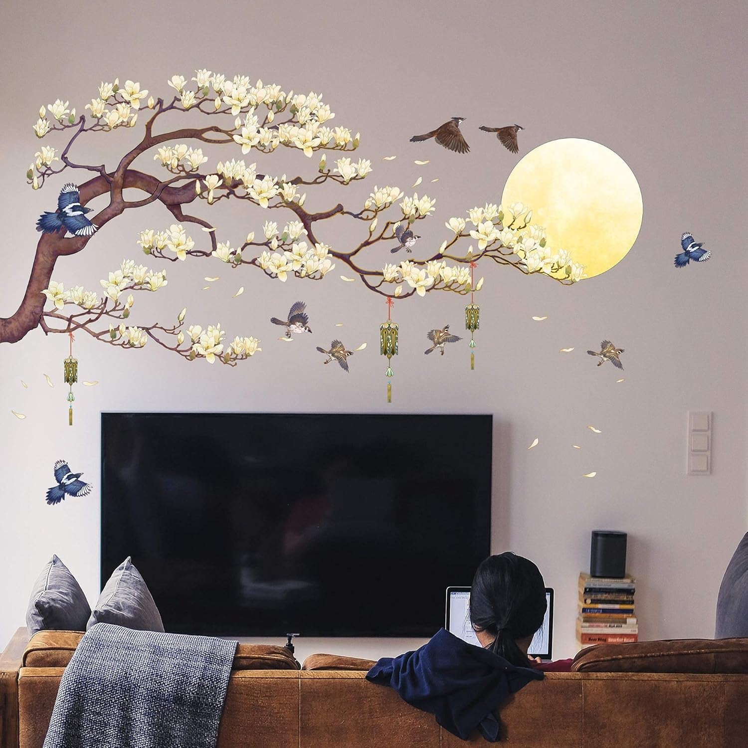 RW-1005 White Magnolia Tree Branch Flying Birds Wall Stickers Peel and Stick 3D DIY Moon Wall Decals Removable Wind Chimes Art Wall Murals for Kids Offices Home Walls Bedroom Decaoration