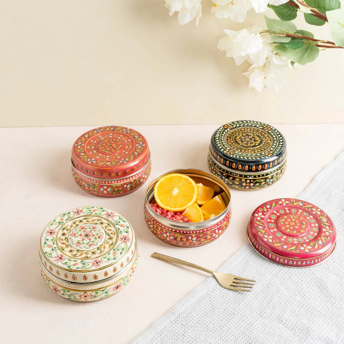 Steel Food Container with Lid Enamel Coated Hand Painted / Colourful Tiffin Food Box with Floral Pattern/ Diwali Gift