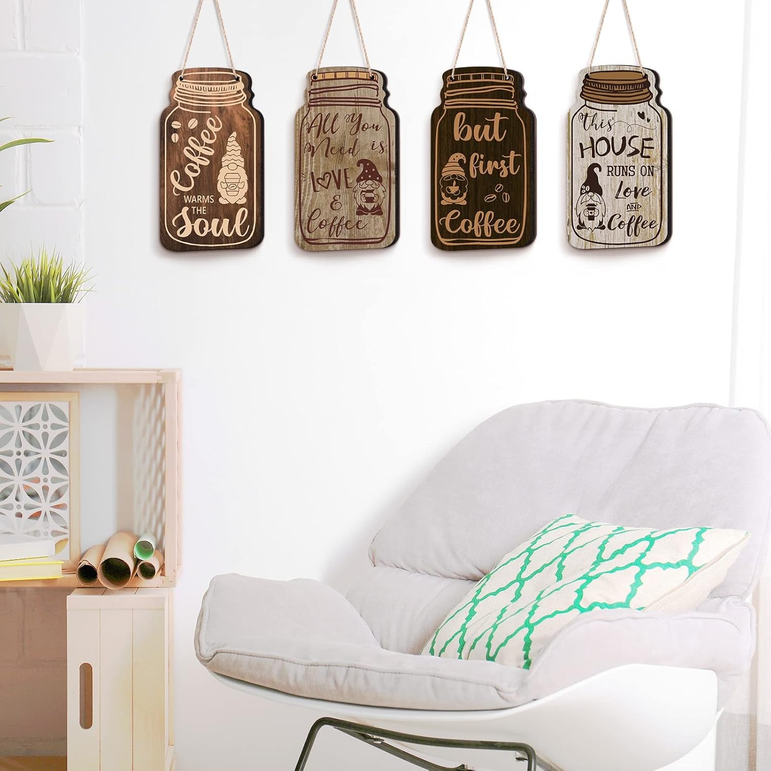 4 Pieces Coffee Bar Sign Wall Decor Farmhouse Wood Gnomes Coffee Sign Wall Hanging Plaque but First Coffee Table Plaque for Cafes Supplies