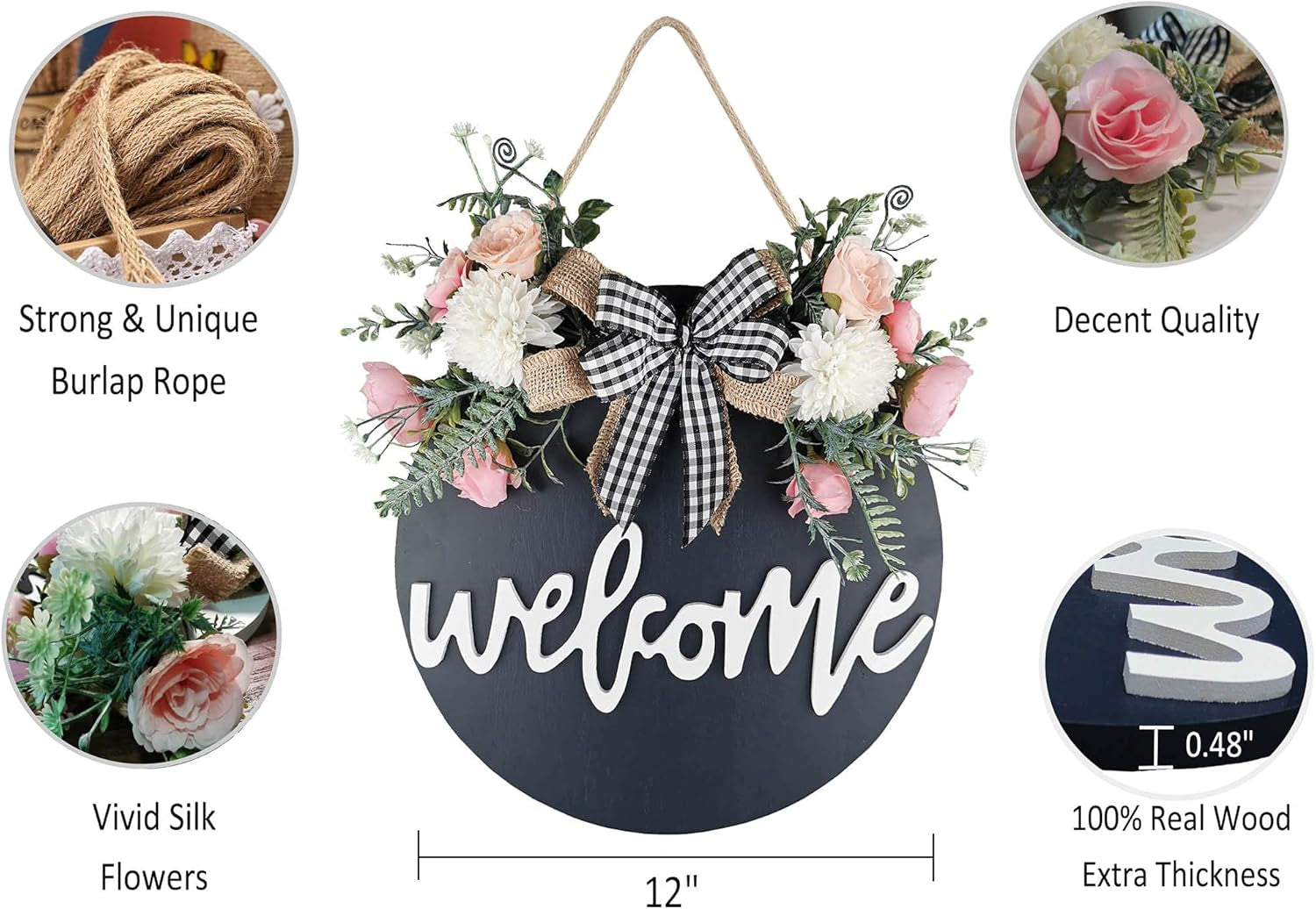 Welcome Sign for Front Door, Farmhouse Porch Décor Wooden Hanging round Sign 12" Black-Floral
