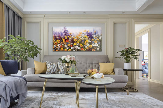 Flowers Wall Art Canvas Daisy Colorful 3D Textured Picture Landscape Wildflowers Painting, Purple Yellow Floral Artwork Large Framed for Living Room Bedroom Bathroom Office Home Decor 40"X20"