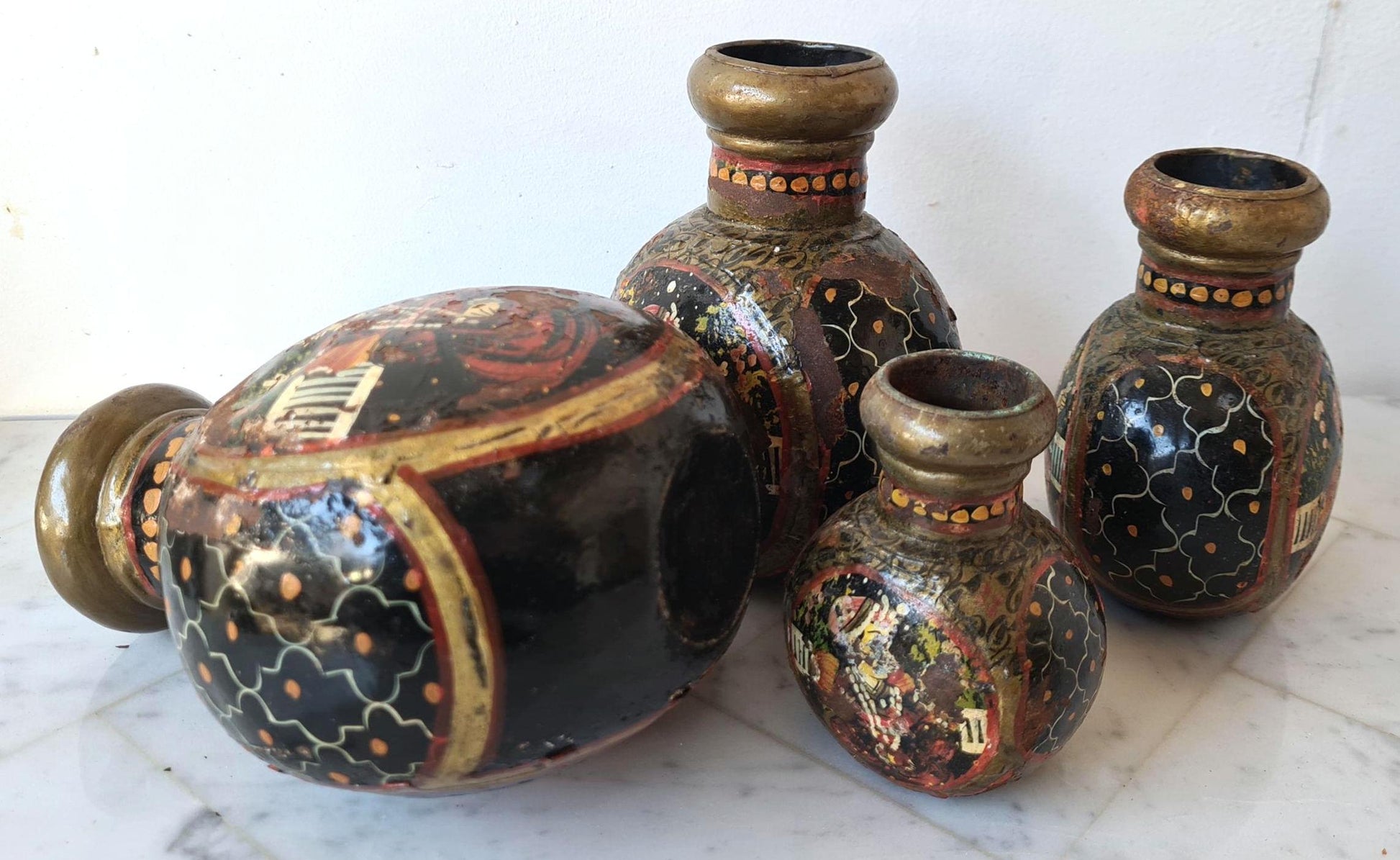Rare Antique Rajasthani Hand Painted Indian Metal Water Bottles, Set of Four Bottles.