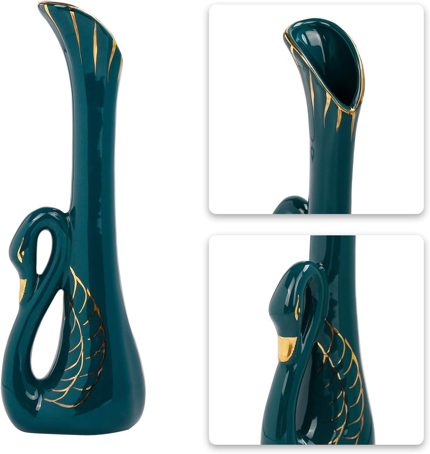 Set of 2 Ceramic Flower Vases, Retro Minimalism Ceramic Vases Elegant Swan Neck Shape Dry and Wet Flower Arrangement Vases for Home Decor, Green