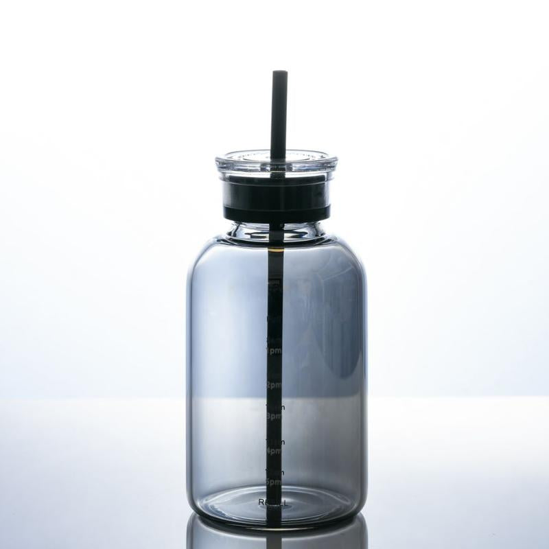 Time-Scale Borosilicate Glass Water Bottle, Two Lids & Straw, Temperature Resistant, 10Oz/15Oz/23Oz, Gray/Transparent