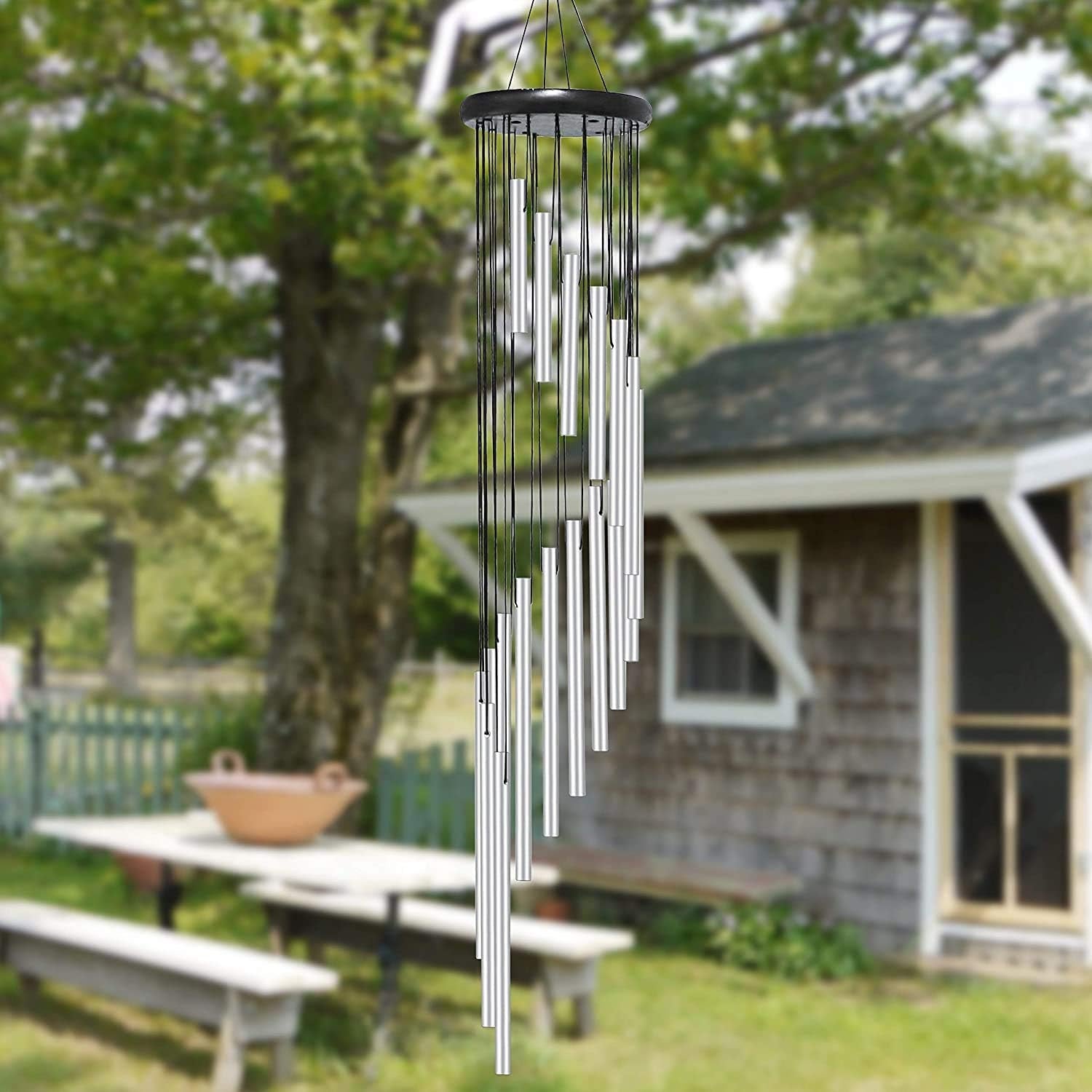 Wind Chime Outdoor Large Sliver Aluminium Tube Wind Chime Solid Wood and 18 Scrub Aluminum Alloy Gold Tubes Wind Chime 36’’ Large Sliver Wind Chime for Party, Garden, Decor, Gift Etc (Silver)
