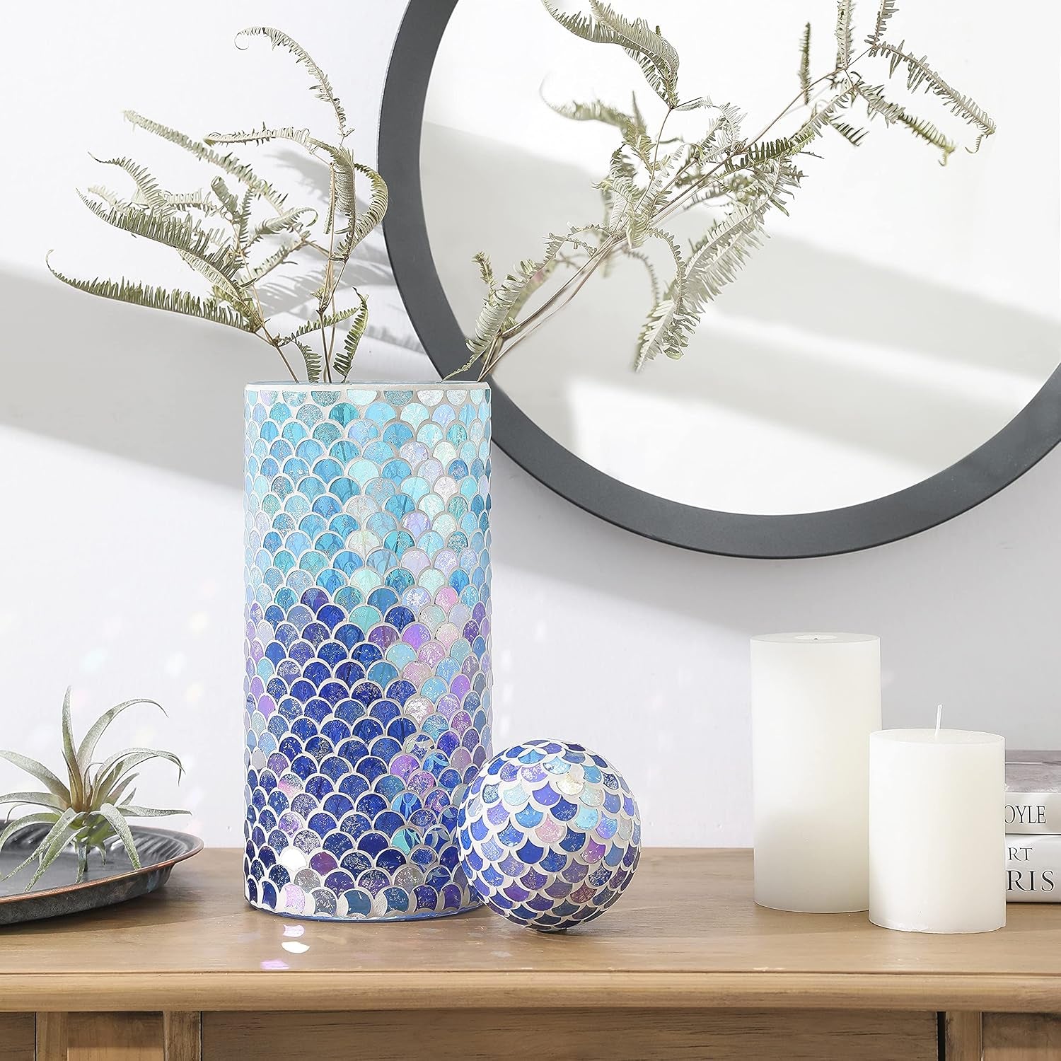 Handmade Mosaic Flower Vase Home Decor Glass Vase Table Centerpieces (Mermaid, 5.5X12Inch)
