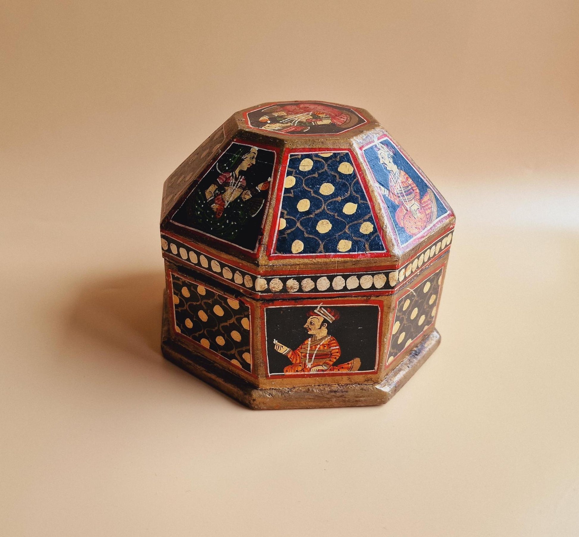 Vintage Indian Octagonal Wooden Box, Antique Mughal Wood Turban Marriage Box