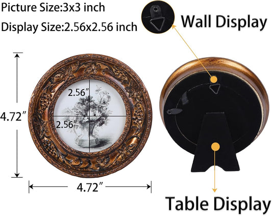 Small Vintage 3×3 round Picture Frame Antique Ornate Mini Photo Frame Vintage Wall Decor, Bronze Gold