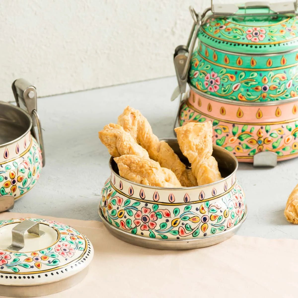 Two Tier Tiffin Box / Hand Painted Indian Style Tiffins/ Decorative Portable Steel and Enamel Food Containers /Gift for Hostess