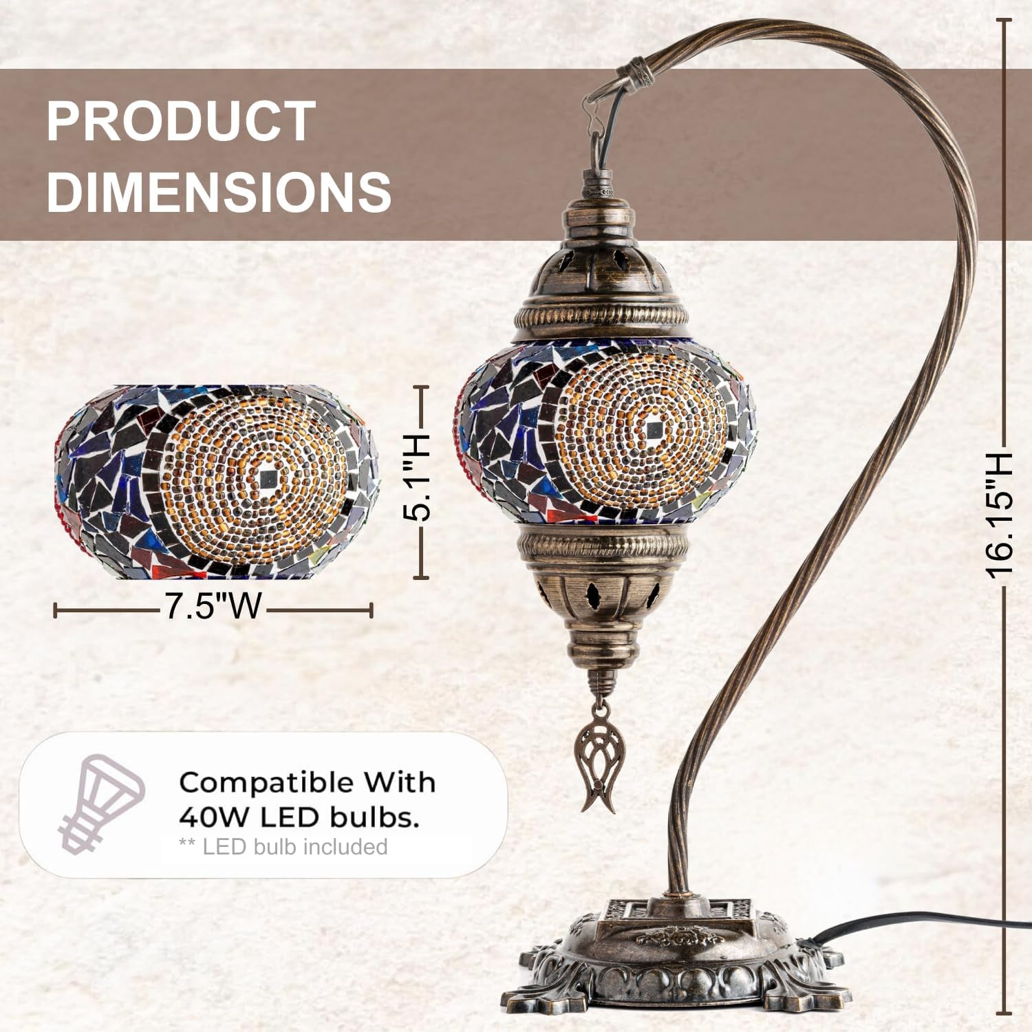 Handmade Turkish Moroccan Mosaic Lamp – Stunning Glass Swan Neck Design with Antique Brass Base, Perfect for Bedroom, Office, and Living Room – Includes Bulb (Red & Navy Central Circles)