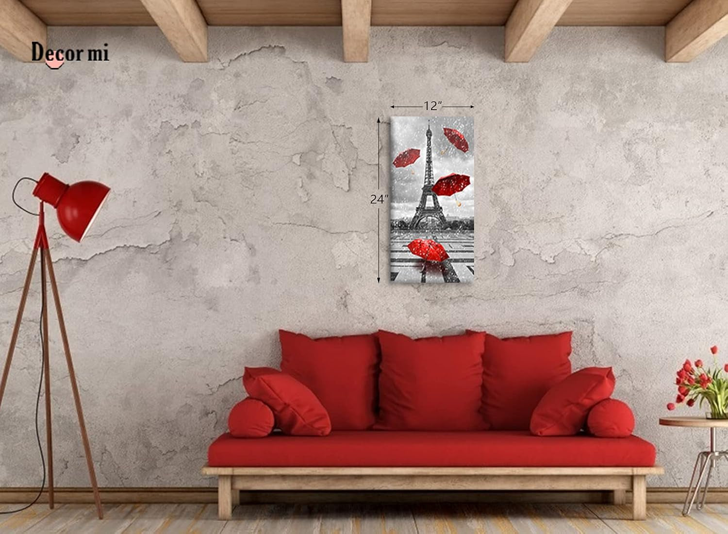 Paris Wall Art Red Umbrellas Canvas Prints Painting Black and White Paris Eiffel Tower Canvas Printing Artwork for Living Room Paris Decor for Bedroom Bathroom Kitchen Home 12X24 Inch