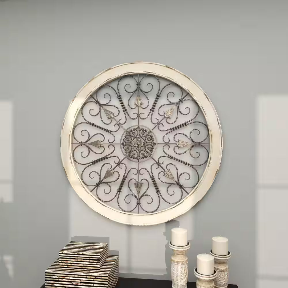 36 In. X 36 In. Wood White Window Inspired Scroll Wall Decor with Metal Scrollwork Relief