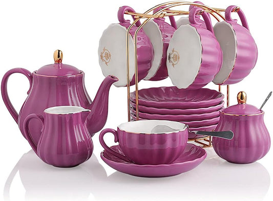 Porcelain Tea Sets British Royal Series, 8 OZ Cups& Saucer Service for 6, with Teapot Sugar Bowl Cream Pitcher Teaspoons and Tea Strainer, Suitable for High Tea, Wedding, Party (Violet)
