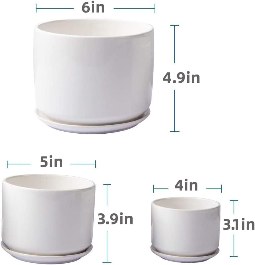 4+5+6 Inch Glazed Plant Pots with Connected Saucers, round Modern Ceramic Flower Pots - Small to Large Size for All House Plants, Flowers and Succulent, Set of 3 (White)