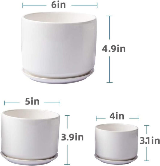 4+5+6 Inch Glazed Plant Pots with Connected Saucers, round Modern Ceramic Flower Pots - Small to Large Size for All House Plants, Flowers and Succulent, Set of 3 (White)