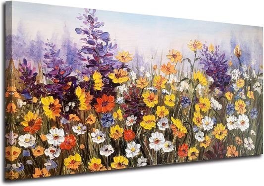 Flowers Wall Art Canvas Daisy Colorful 3D Textured Picture Landscape Wildflowers Painting, Purple Yellow Floral Artwork Large Framed for Living Room Bedroom Bathroom Office Home Decor 40"X20"