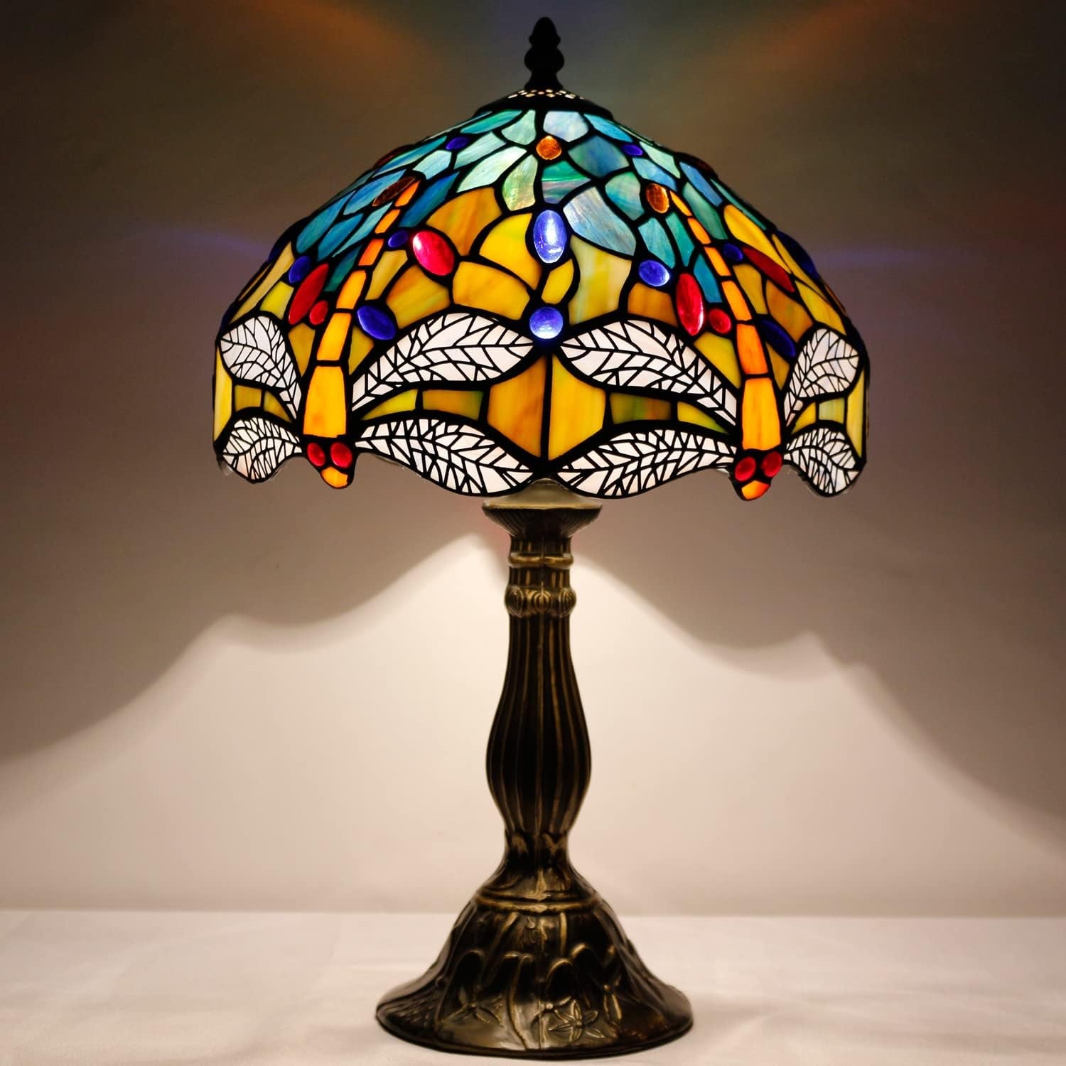 Stunning Tiffany Style Sea Blue & Yellow Dragonfly Table Lamp – Perfect Nautical Desk & Bedside Light for Bedroom, Living Room, & Home Office - 12x12x18 Inches