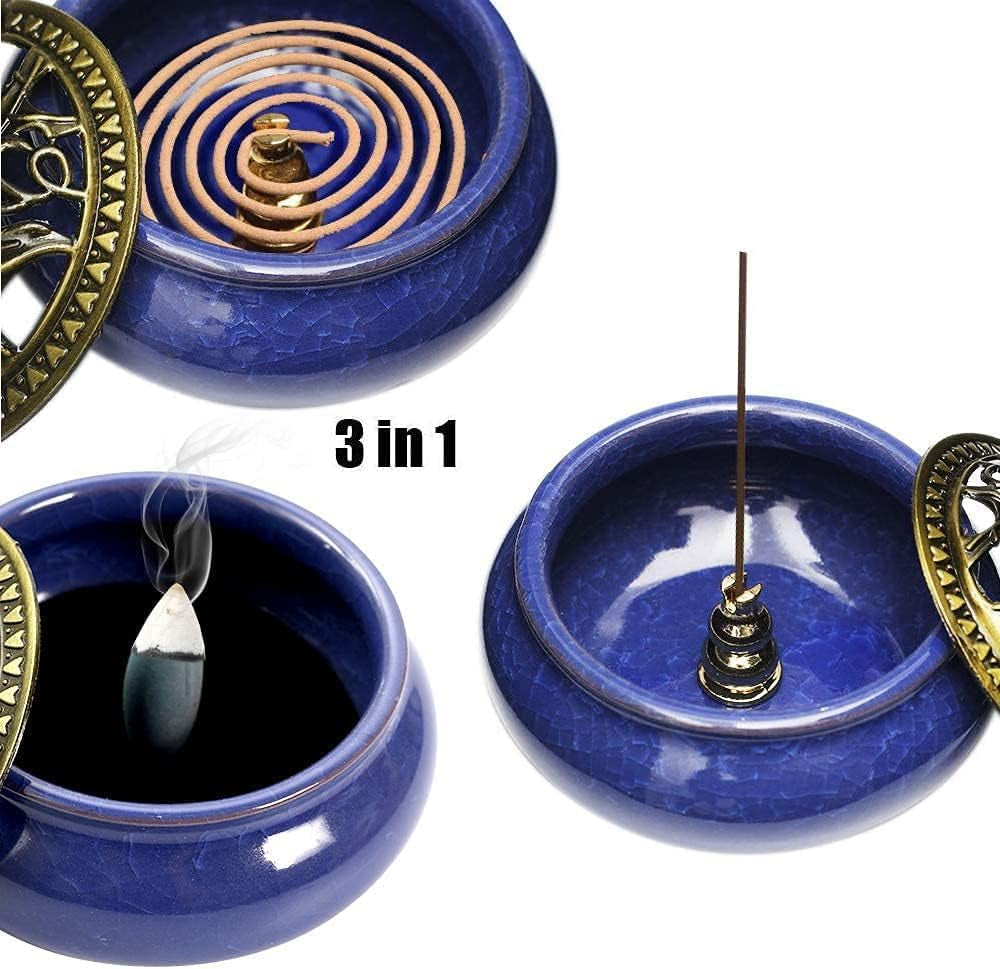 Incense Burner Bowl with Brass Lid + Incense Holder + Stand + Fire Mat for Stick or Tapered Disk Incense, for Home Decor Yoga Spa Meditation 4‘’ (Royal Blue)