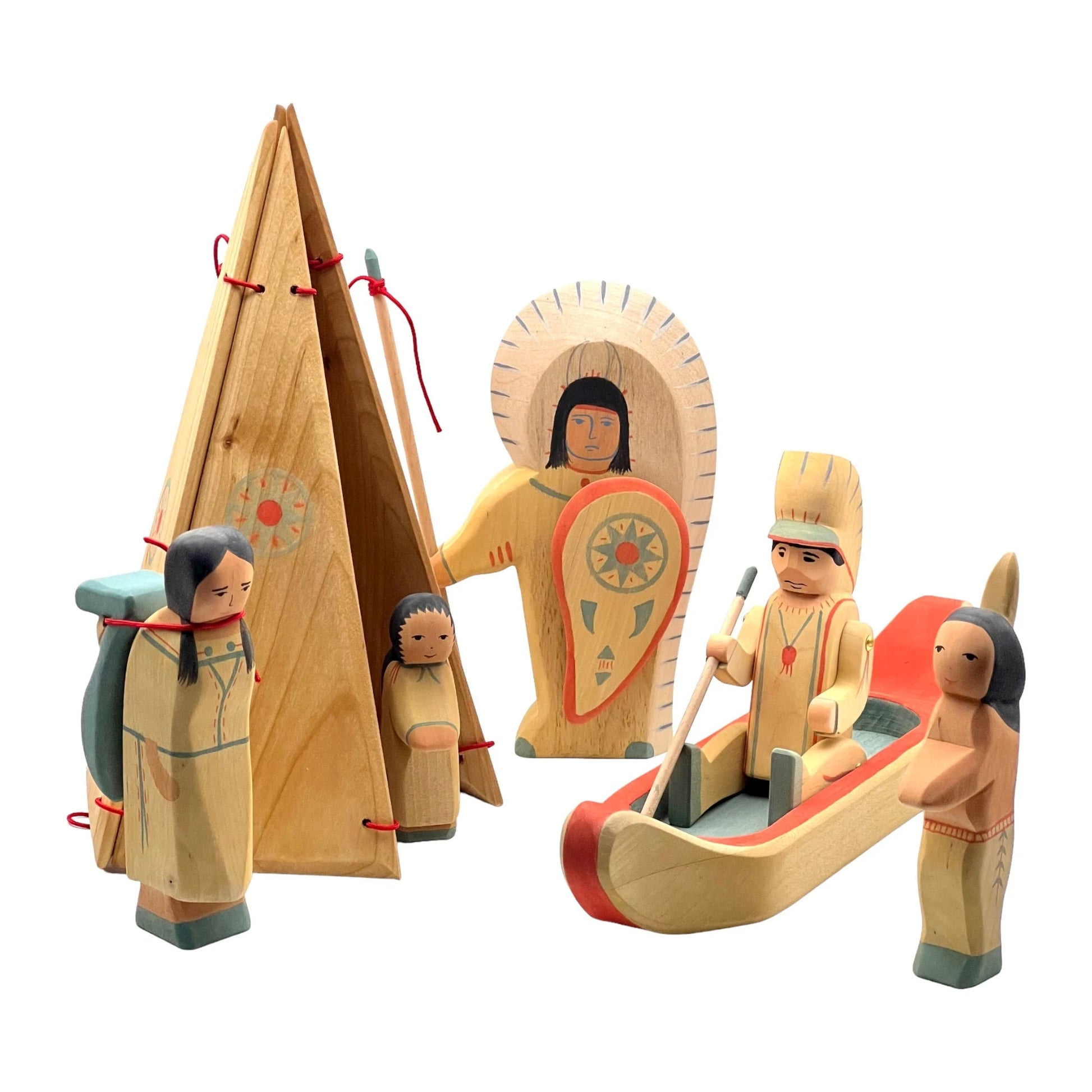 Handcrafted Open Ended Wooden Toy Figure Family - Indigenous American Set of 8 Pieces