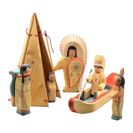 Handcrafted Open Ended Wooden Toy Figure Family - Indigenous American Set of 8 Pieces