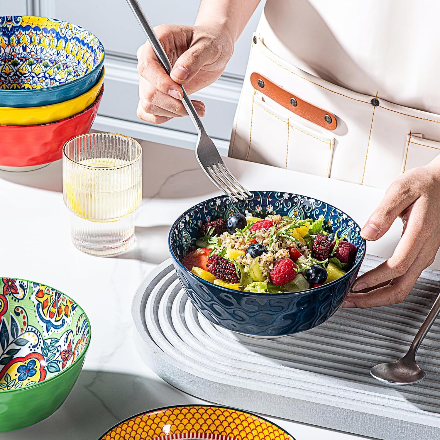 Ceramic Cereal, Soup Bowls Set of 6-25 Oz Porcelain Serving Bowls for Dinner, Pasta, Salad, Oatmeal, Microwave & Dishware Safe - Bohemian Style