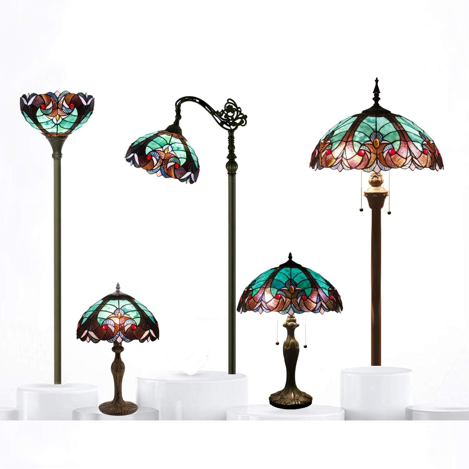 Tiffany Style Lamp Green Liaison Stained Glass Bedside Table Lamp Reading Desk Light 12X12X18 Inches Decor Nightstand Bedroom Living Room Home Office S160G Series