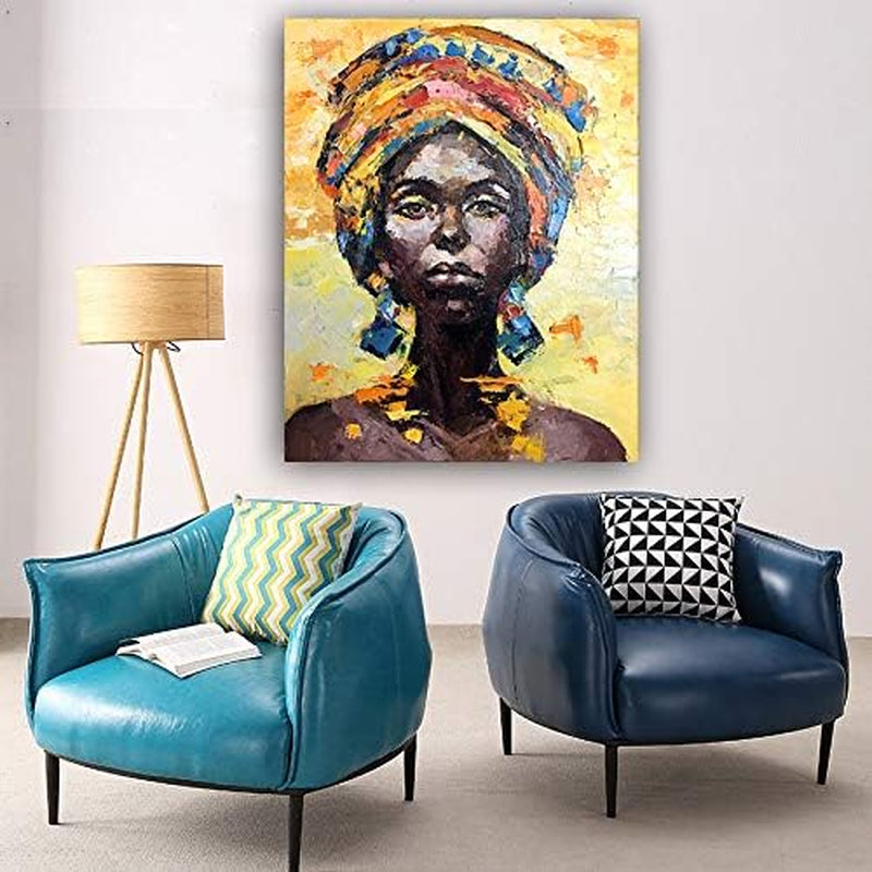 African American Woman Art Black Art Handmade Thick Textured Oil Paintings Canvas Wall Art for Living Room Bedroom Abstract Africa Pictures Artwork Wooden Framed African Life 24"X36"
