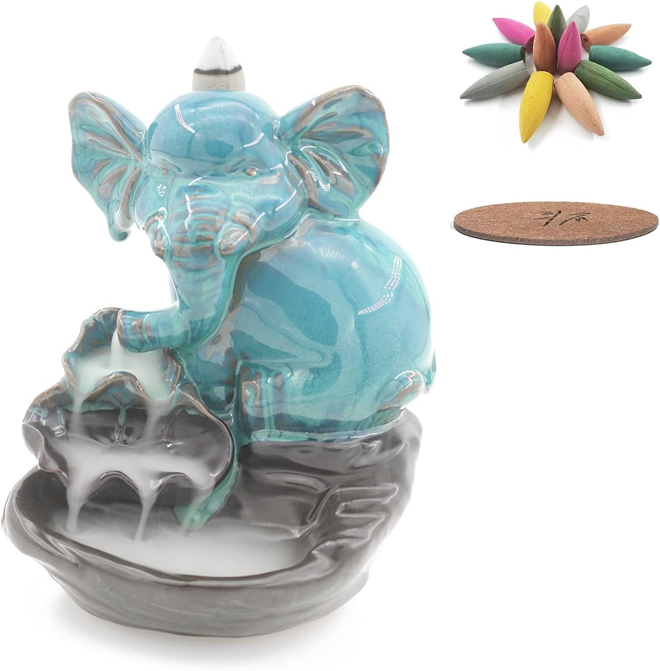 Ceramic Waterfall Incense Burner Ceramic Backflow Incense Holder Elephant Antique Ceramic Aromatherapy Ornament Home Decor Yoga with 15 Incense Cones and Accessories
