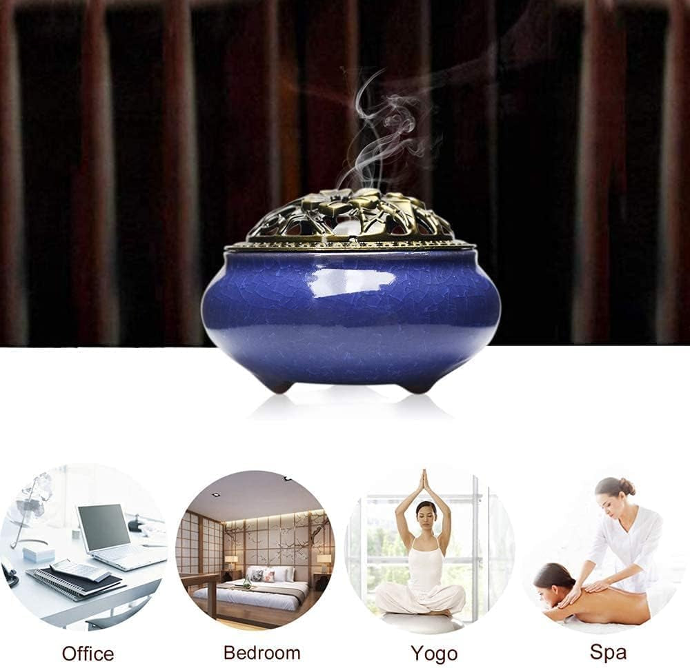 Incense Burner Bowl with Brass Lid + Incense Holder + Stand + Fire Mat for Stick or Tapered Disk Incense, for Home Decor Yoga Spa Meditation 4‘’ (Royal Blue)