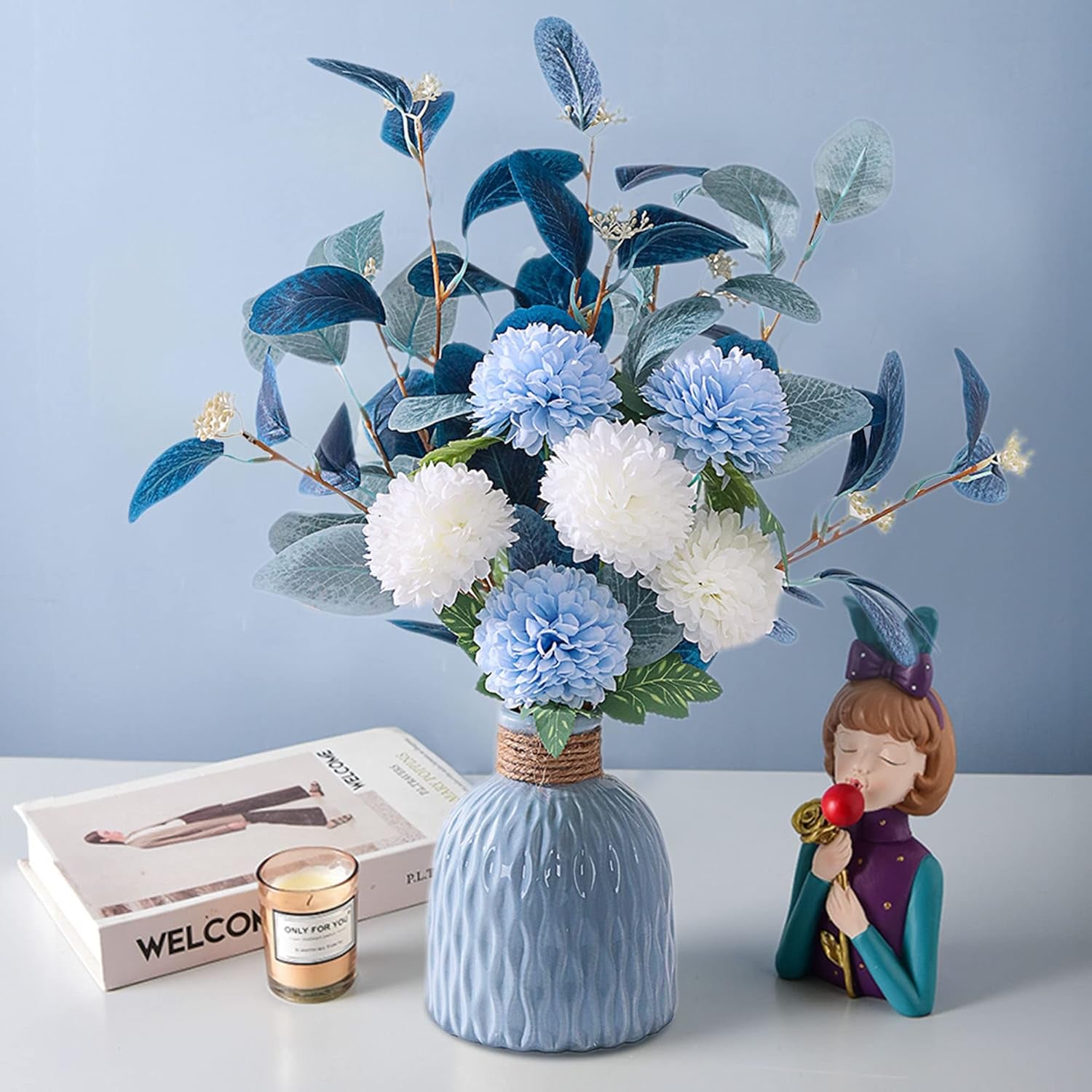 Artificial Flowers with Vases, Fake Hydrangea with Eucalyptus Bouquet Combination, Living Room Family Banquet Party Wedding Decoration…