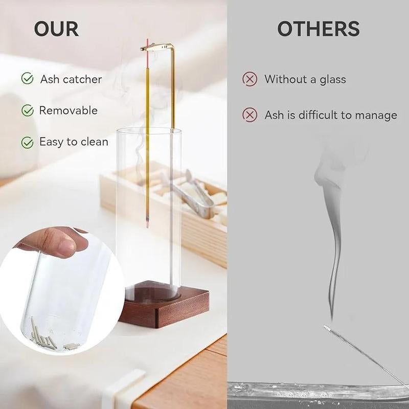 Scented Incense Holder without Incense, Desktop Ash Catcher Incense Holder with Wood Base, Room Accessories, Aroma Home Fragrance Decor for Meditation Yoga Relaxation, Home Decor, Aroma, for Room Scents, Glass